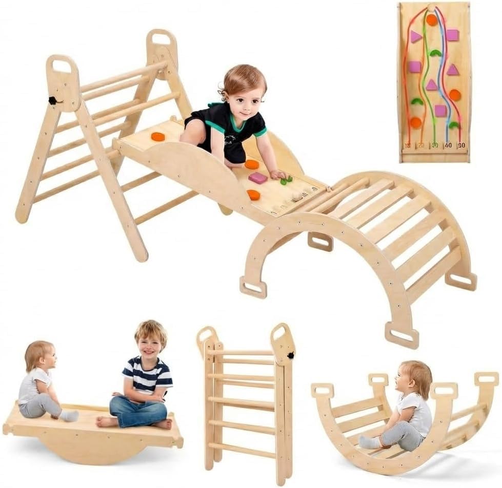 9-in-1 Educational Collapsible Wooden Climbing Set for Toddlers,Wood Color