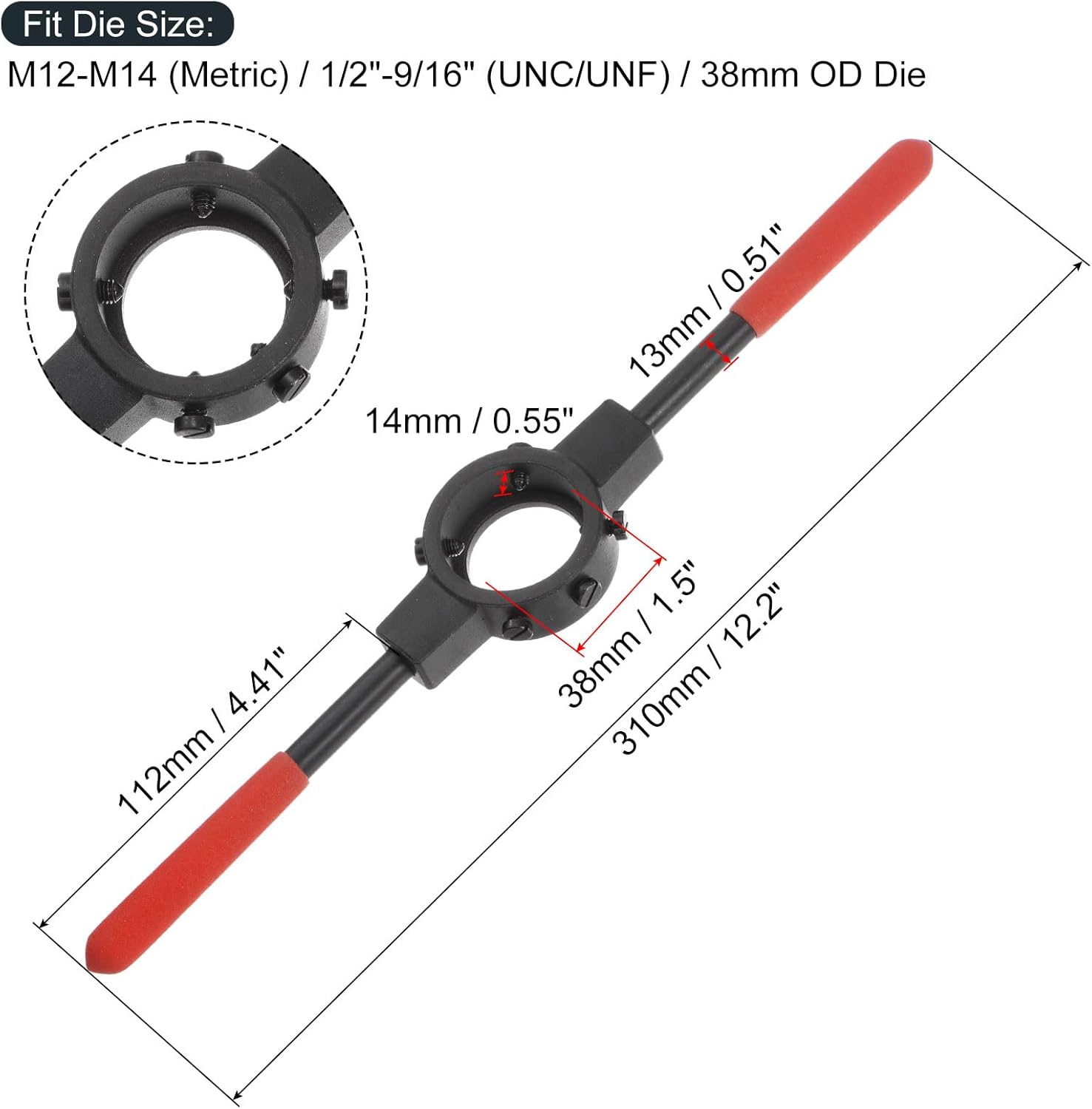 uxcell Die Stock Handle Wrench, for Metric M12-M14 (Metric) / 1/2"-9/16" (UNC/UNF) / 38mm OD Round Dies, 38mm x 14mm Threading Die Holder with Plastic Handle