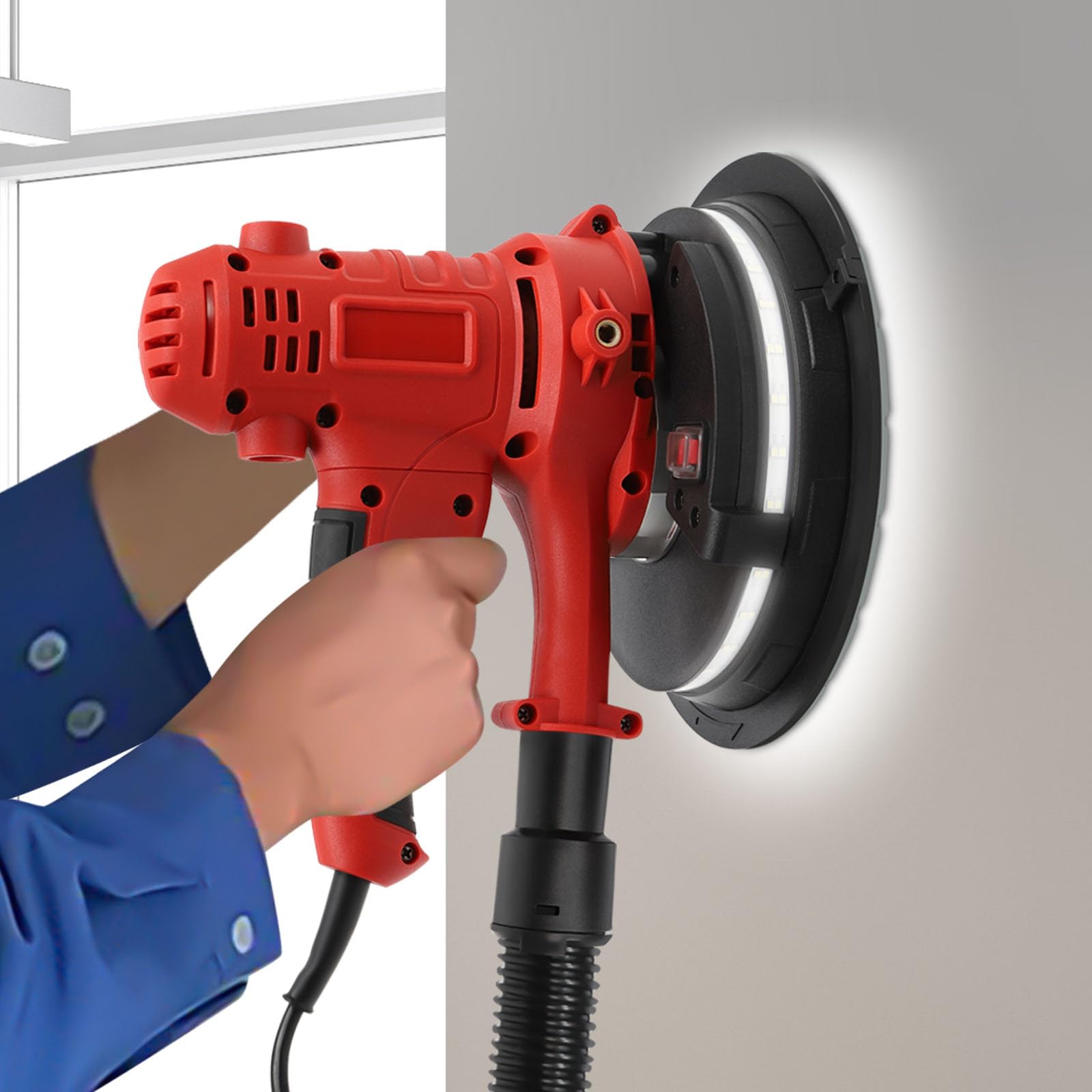 Lijadora de pared profesional de 1200 W con aspiración de polvo integrada de 180 mm, lijadora de techo ajustable con LED para paredes interiores y exteriores