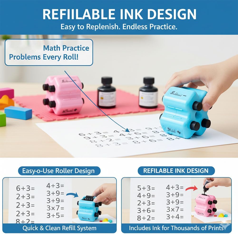4-in-1 Math Practice Roller Stamp Set, Adjustable Addition Subtraction Multiplication Division Stamp for Kids, Educational Math Facts Tool, Homeschool & Classroom Supplies for Students (Pink-2pcs)