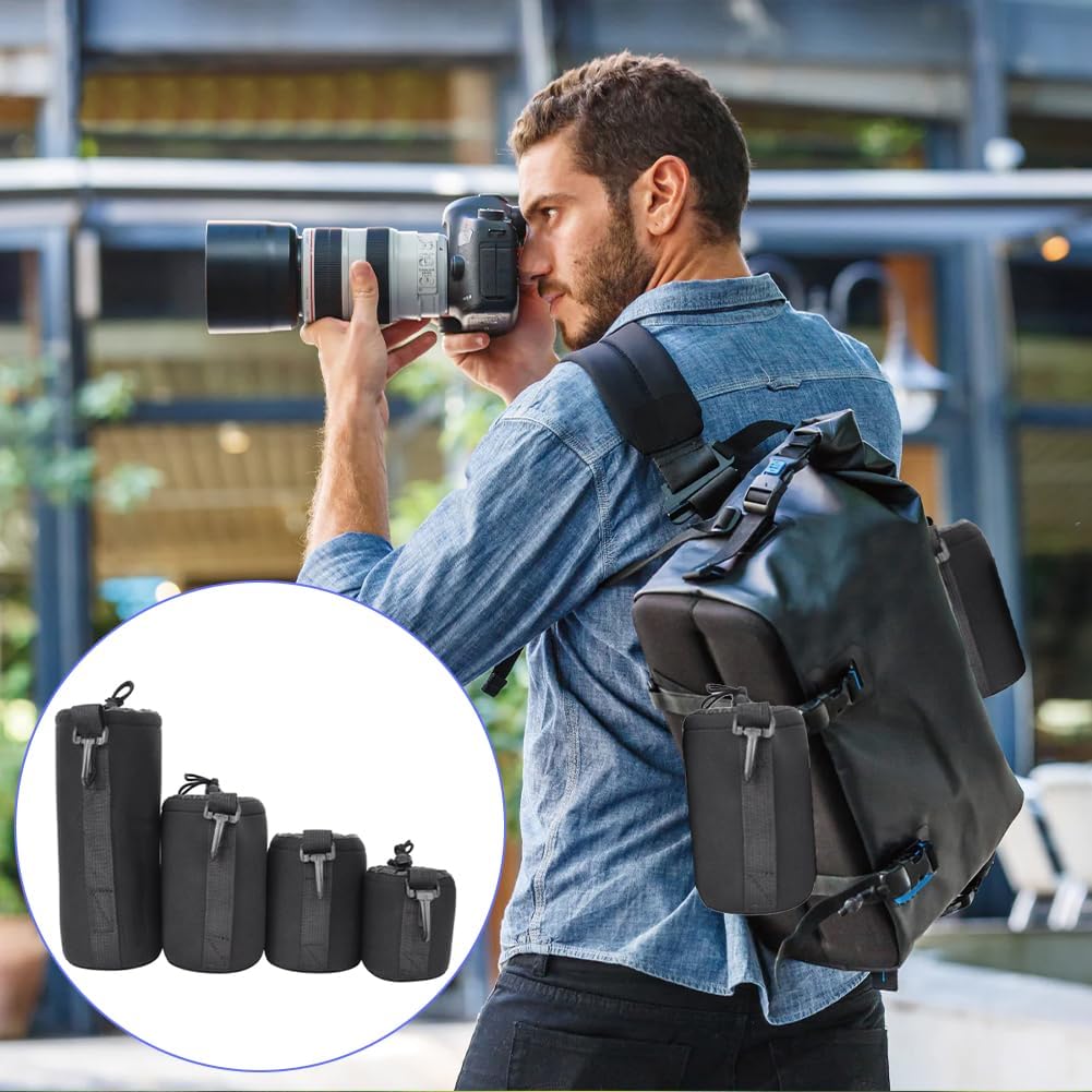 4teiliges Objektivtaschen Set Neopren 4 Größen S M L XL DSLR Kameras | Elastische stoßdämpfende Polsterung dickes Material leicht zu transportieren sichere Aufbewahrung aller Kameraobjektive