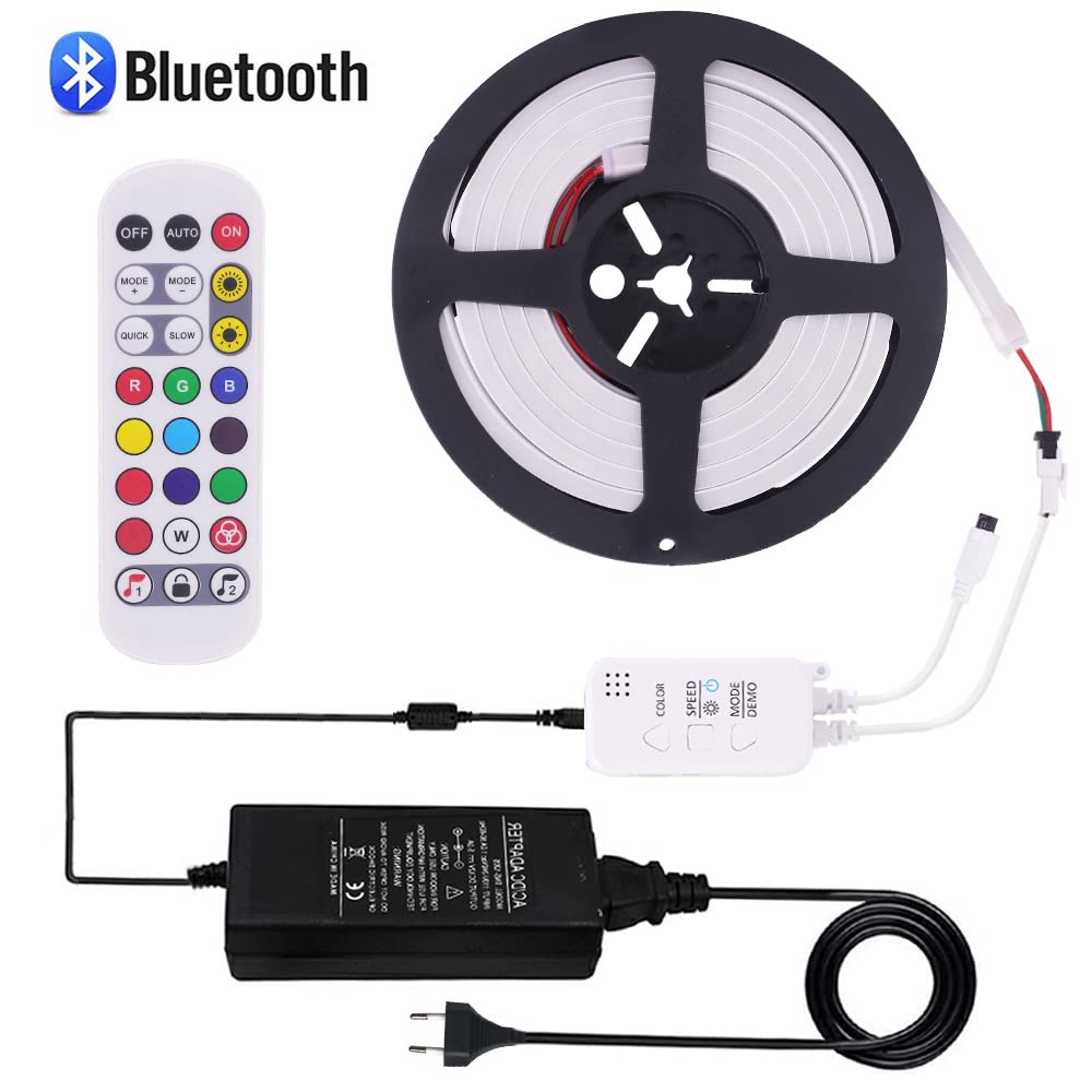 XUNATA Kit Bluetooth luce di Neon RGB Flessibile, WS2812B Pixel Flat striscia LED impermeabile + Controller di sincronizzazione della musica e remoto+ Alimentazione da 5 V 2 A DC (5m)