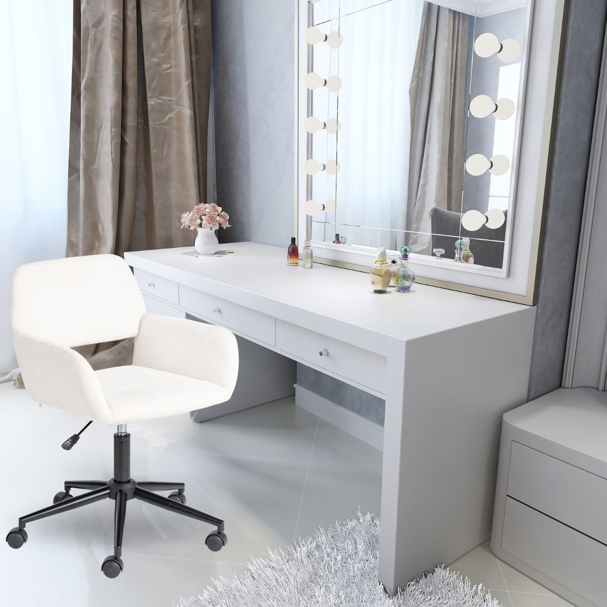FurnitureR Silla de Maquillaje giratoria, Asiento de Dormitorio Ajustable en Altura, Asiento Hueco Ancho y Transpirable, Silla de Vestir giratoria de 360°, Tejido Beige Moderno, 56 x 55 x 75-85 cm