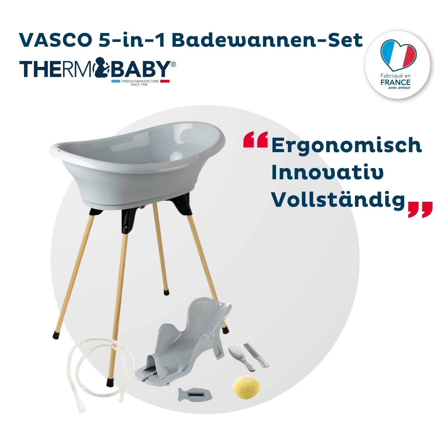 THERMOBABY - Zestaw do kąpieli dla niemowląt Vasco 7 w 1 Szary - Wanna + Stopa + Opróżnianie + Regulowany leżak kąpielowy + Termometr + Gąbka + Szczotka i grzebień - Wyprodukowano we Francji