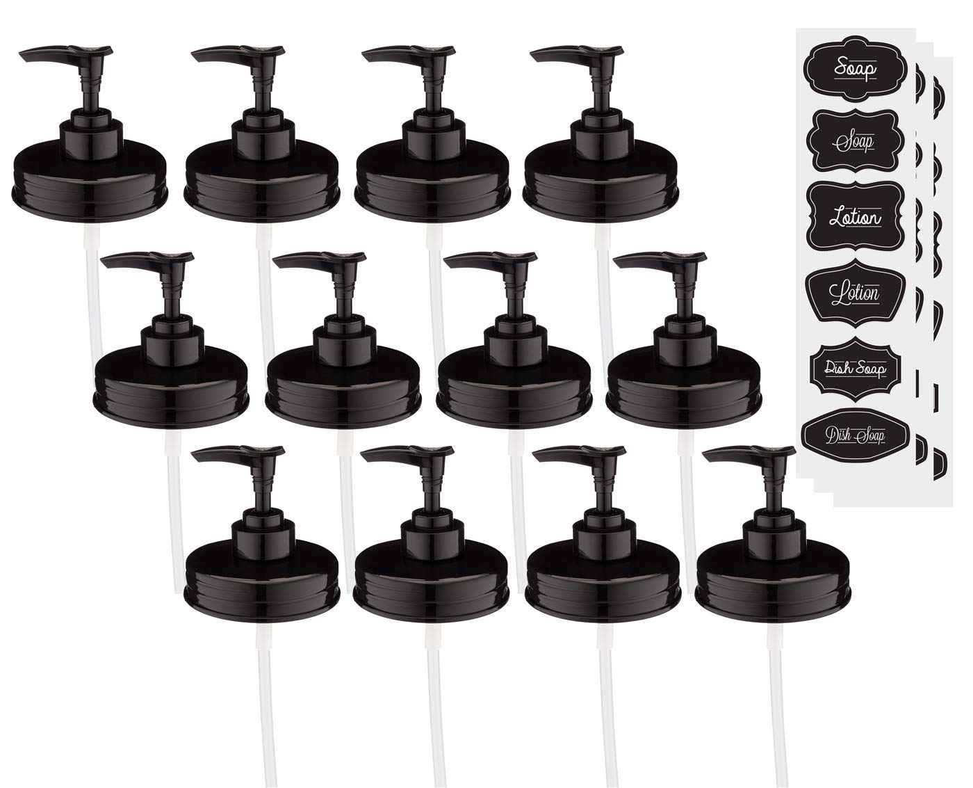 Jarmazing Products Mason Jar Soap Dispenser Lids - Plastic - Black - for All Regular Mouth Jars - 12 Pack
