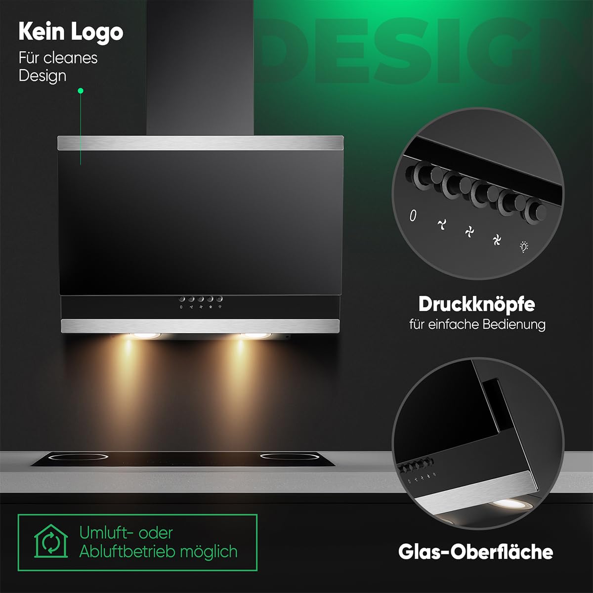Bomann Dunstabzugshaube 60 cm | Umluft & Abluft | Energieeffizienzklasse B | leise | Abzugshaube mit 3 Leistungsstufen | inkl. Montagematerial | Schwarz | DU 7610 G