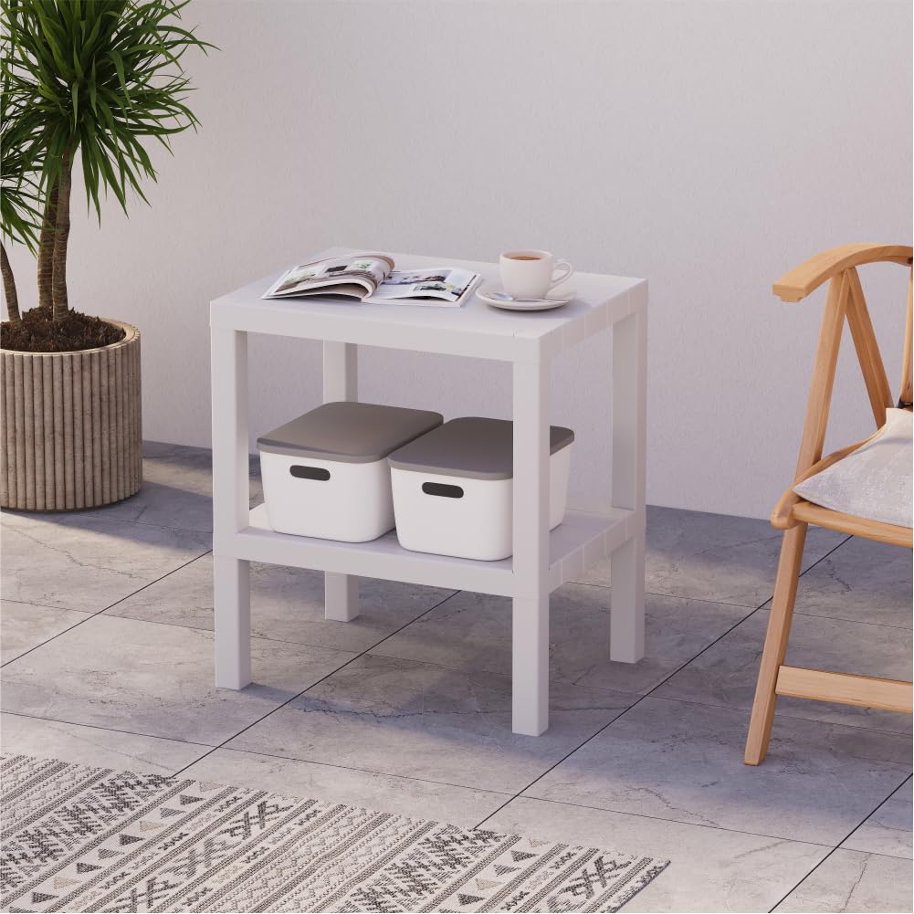 sugodesign OMBEG Tavolino multiuso a 2 ripiani, comodino, rettangolare, in plastica impermeabile, portata 10 kg per ripiano, per bagno, cucina, balcone, camera da letto (bianco)