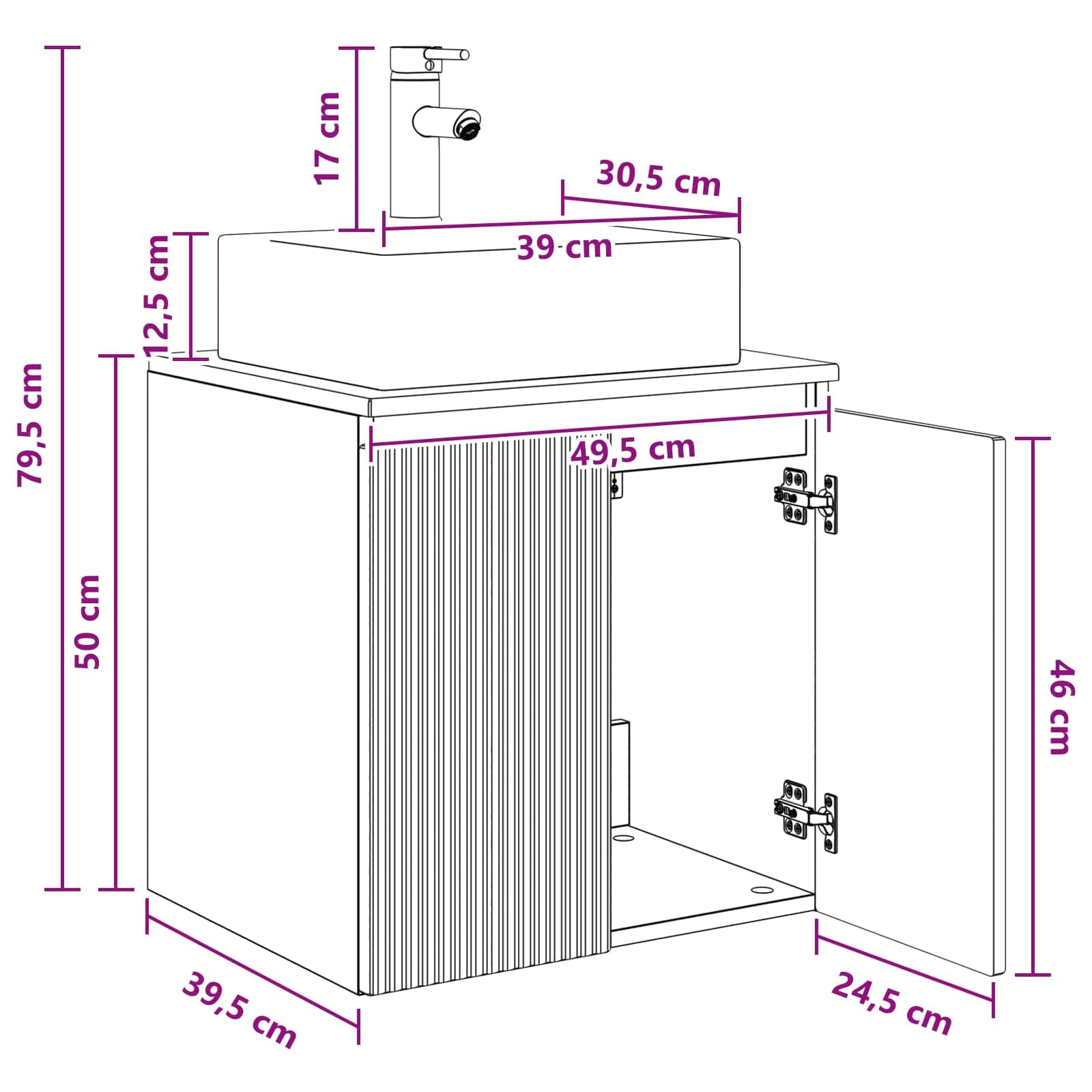 Lavabo da parete in rovere Artisan, 49,5 x 41 x 62,5 cm, con lavabo e scarico rapido, mobile da bagno, mobiletto per ospiti, facile da montare