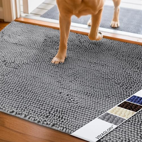 VIVAGLORY Schmutzfangmatte Hund Absorpmax Cleany Mat Hund, Hundeteppich Schmutzmatte Fußmatte, Waschbar Wasserdicht rutschfest Schlammige Saugfähige Chenille Fußmatte, 80cm × 50cm, Grau