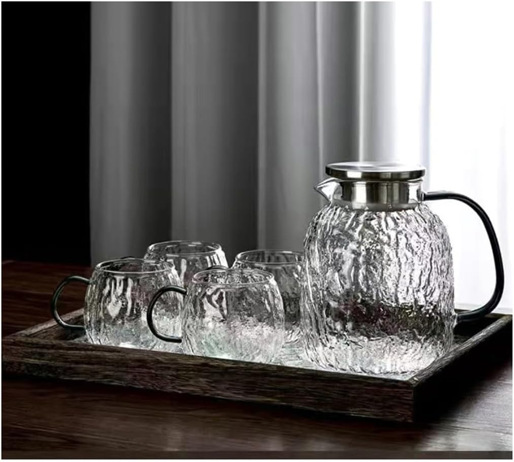 クリアケトル テクスチャード ティーポット ケトル 耐熱ガラス ホーム リビングルーム ボトル 4カップとトレイ付き