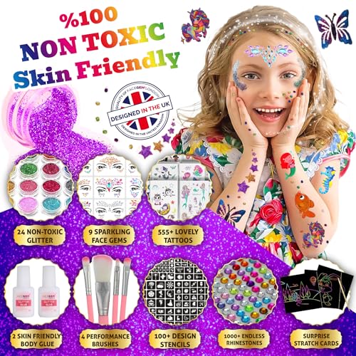 Kids Glitter Tattoo Kit - Face Gems, Rhinestones, Temporary Tattoos - Perfect for Birthdays & Festivals - Image 3