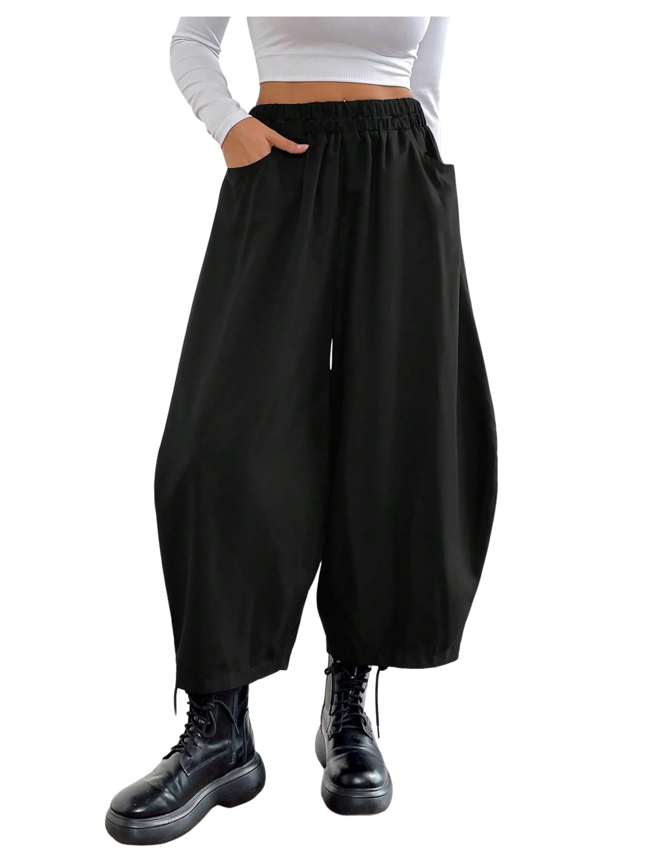 Verdusa Womens Barrel Wide Leg Baggy Pants High Rise Casual Cropped Pant with Pockets
