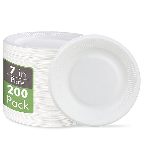 Vplus 100% Compostable Paper Plates, 200 Pack 7 Inch Disposable