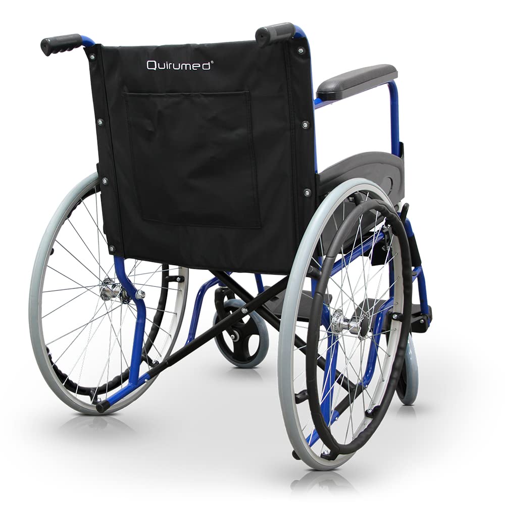QUIRUMED Silla de Ruedas Plegable, Acero, Basic Colors, Azul, 46cm | Manual, Reposapiés Abatibles, Freno Manual
