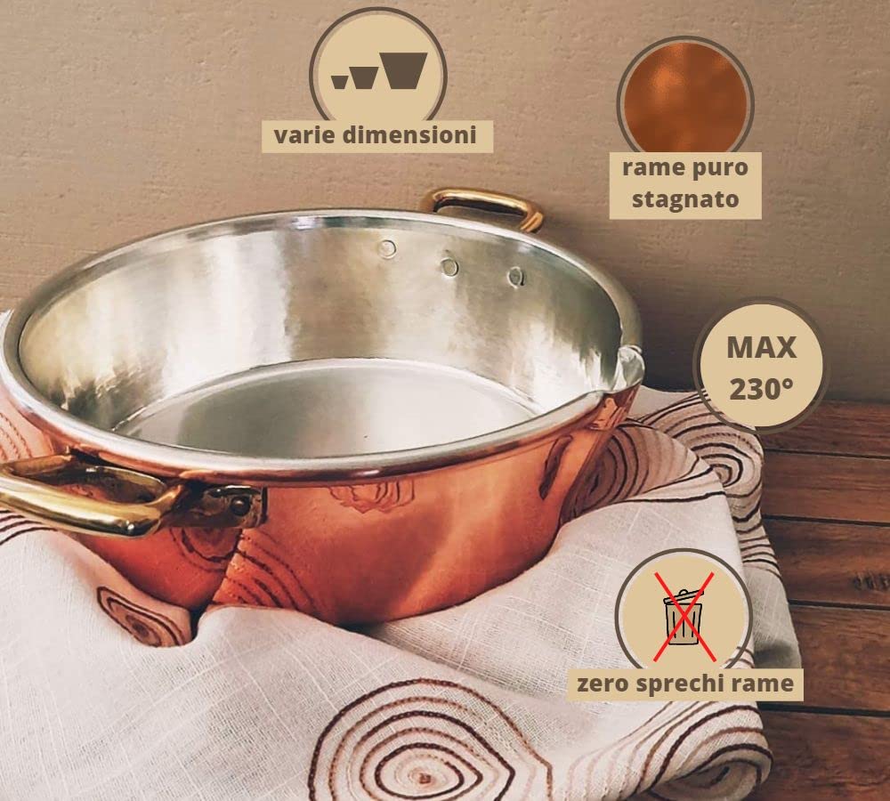 CREARTISTIC Casseruola in Rame Stagnato, 26x8 cm - 2.8 L, Risottiera Bassa, Pentola 2 Maniglie ottone, Pratico beccuccio, Usare mestoli in legno - Made in Italy