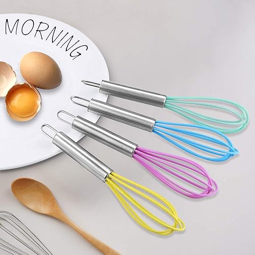 Miniatura 6 de Paquete de 4 mini batidores de cocina de silicona coloridos con asas de acero inoxidable para mezclar huevos de leche, agitar, batir y batir (4