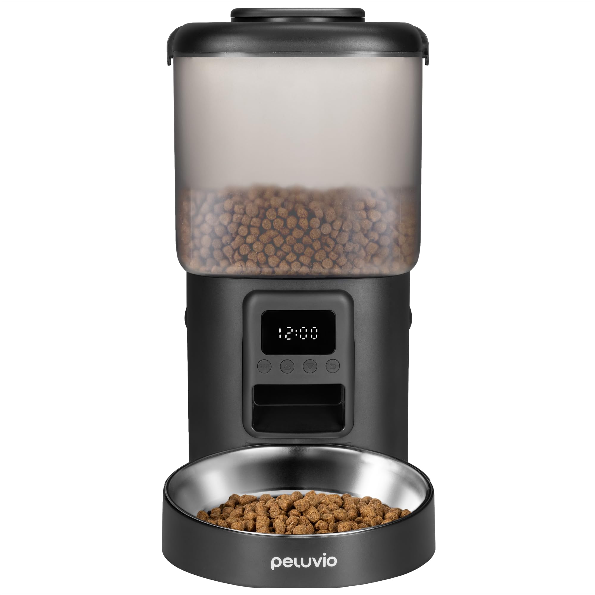 Peluvio Crispy Automatic Dog Feeder with Timer, Up to 4 Meals, Emergency Power with Battery, USB-C, LCD Display, Stainless Steel Bowl, 4.5 L for Dry Food 5-15 mm