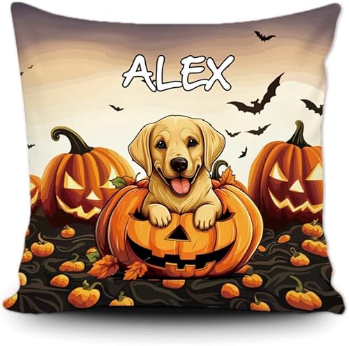 Miniatura 8 de Funda de almohada personalizada de Halloween, diseño de perro Golden Retriever, calabaza, cachorro inteligente, funda de cojín decorativa de lona