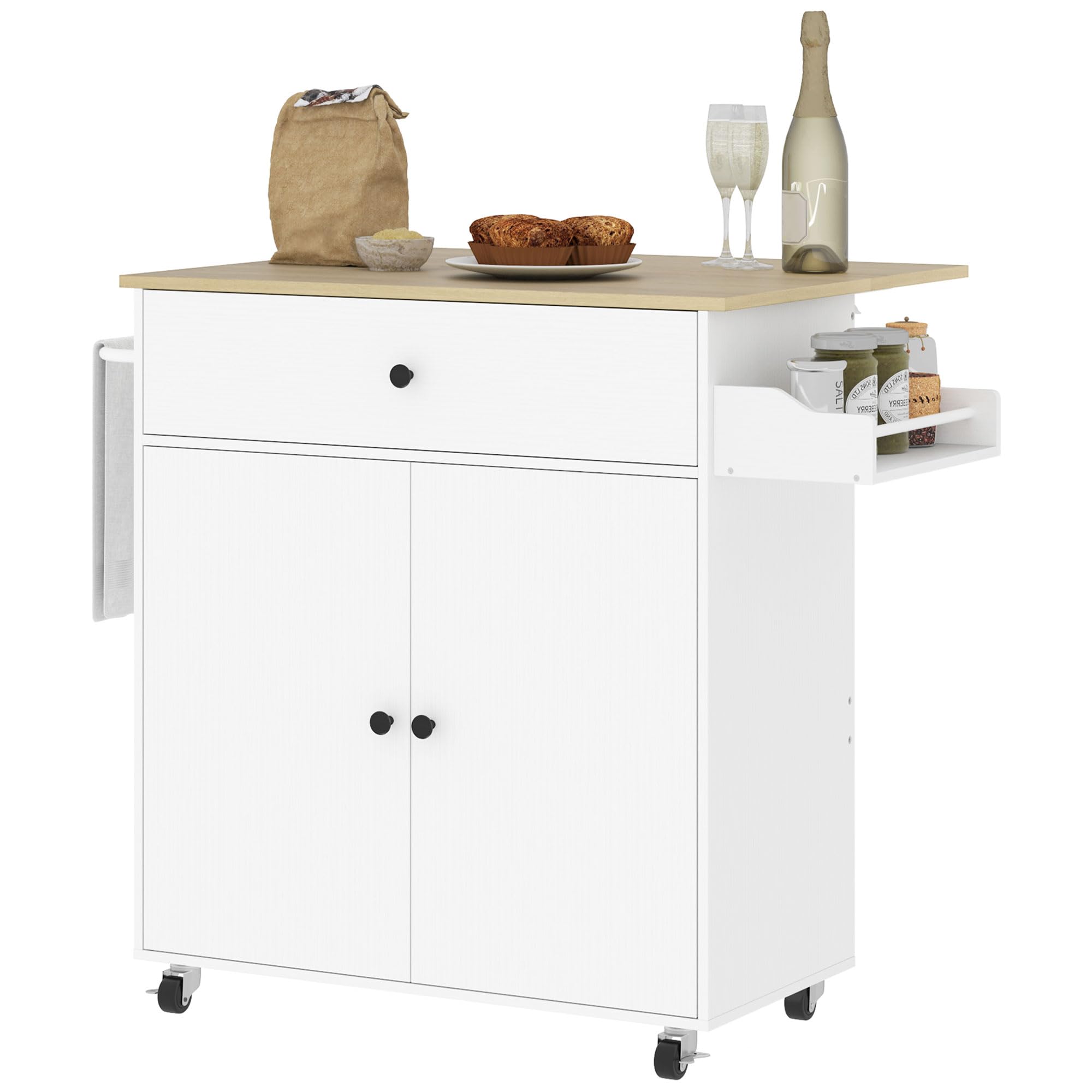 HOMCOM Isla de Cocina con ala Abatible Carrito de Cocina Mueble Auxiliar de Cocina con Ruedas 2 Puertas Cajón Especiero Toallero y Estante Ajustable 106x42x87 cm Blanco y Roble