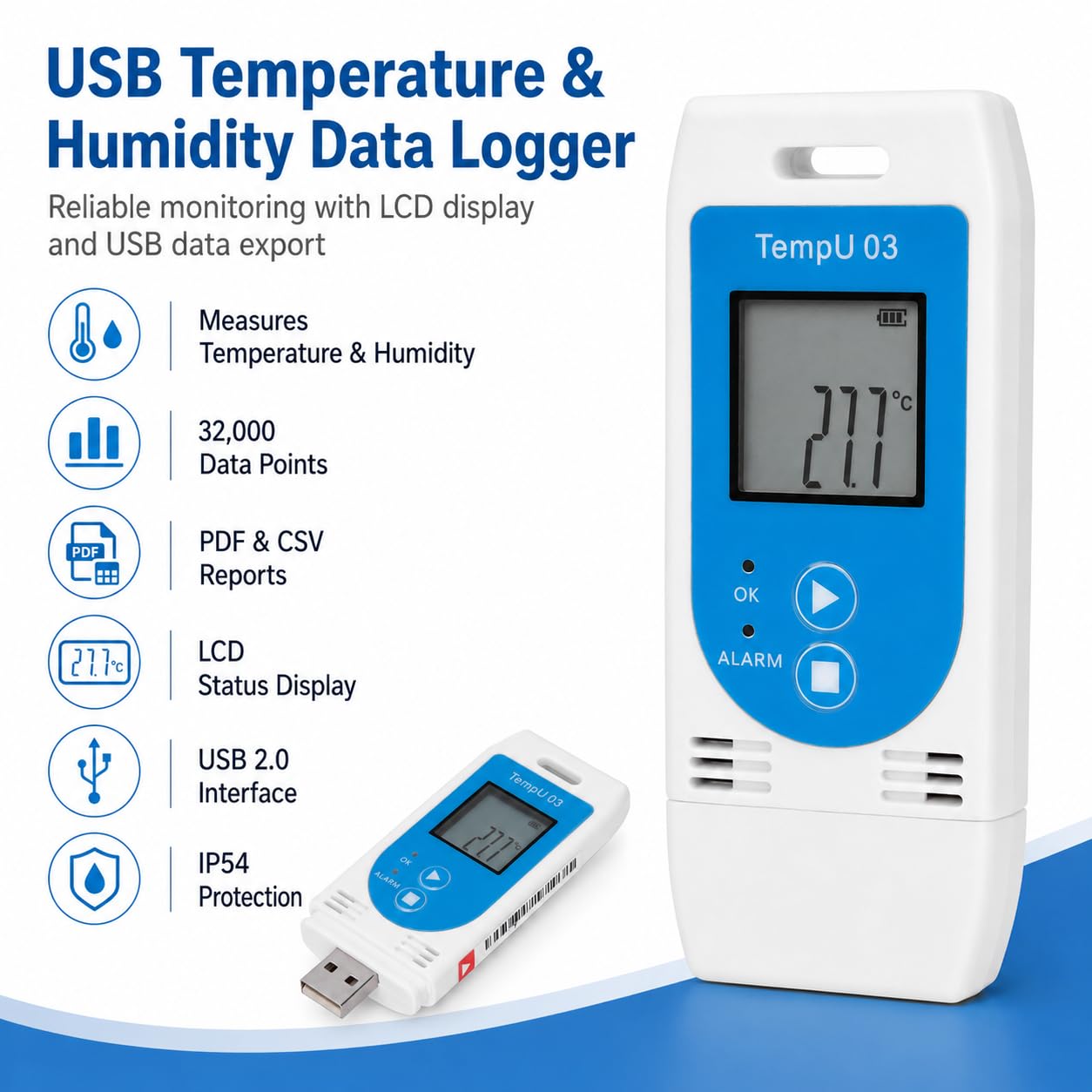 Logger Dati di umidità della Temperatura, Registratore a Doppio Parametro con Display LCD (-30 ° C a 60 ° C / 0-85% RH)-32.000 Punti Memoria, Report PDF/CSV Automatico,