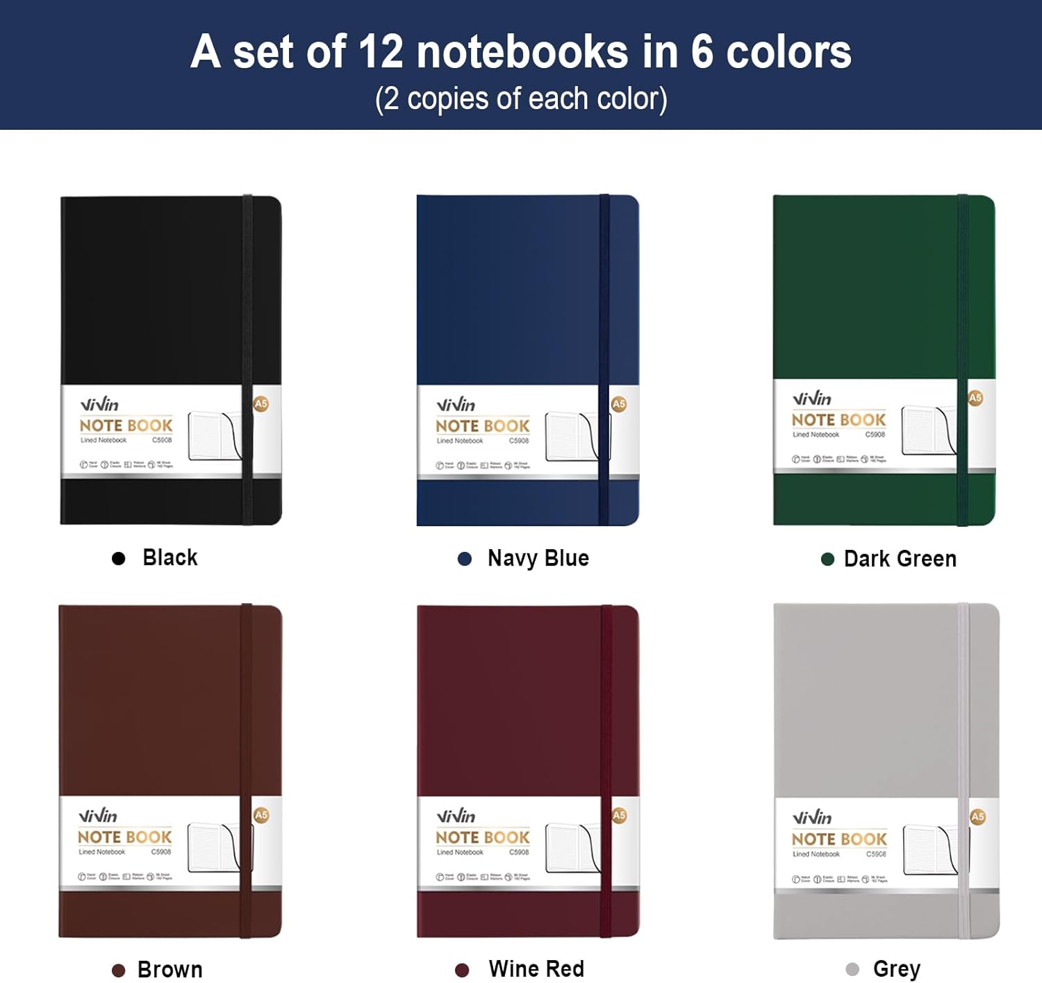 ViVin Lined Journal Notebooks for Work,192 Pages,5.5 x 8.3 inch,College Ruled,A5 Hardcover Journaling Notebooks for Writing,12 Pack Bulk