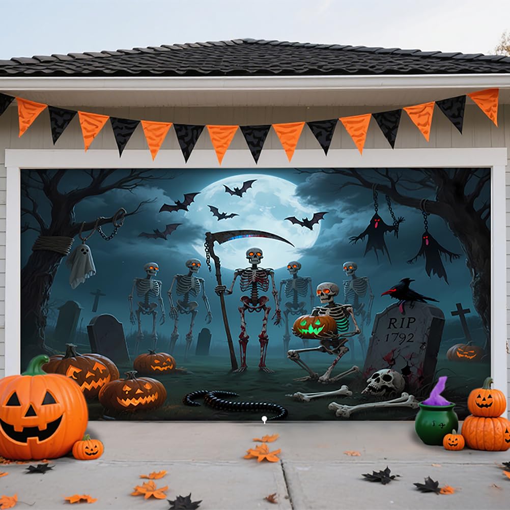 ZFFLYH Halloween Garage Door Cover, Large Hanging Garage Door Banner Backdrop Horror Halloween Wall Decorations for Outdoor Indoor Home House Party,Skeleton Army,6.5 * 5FT