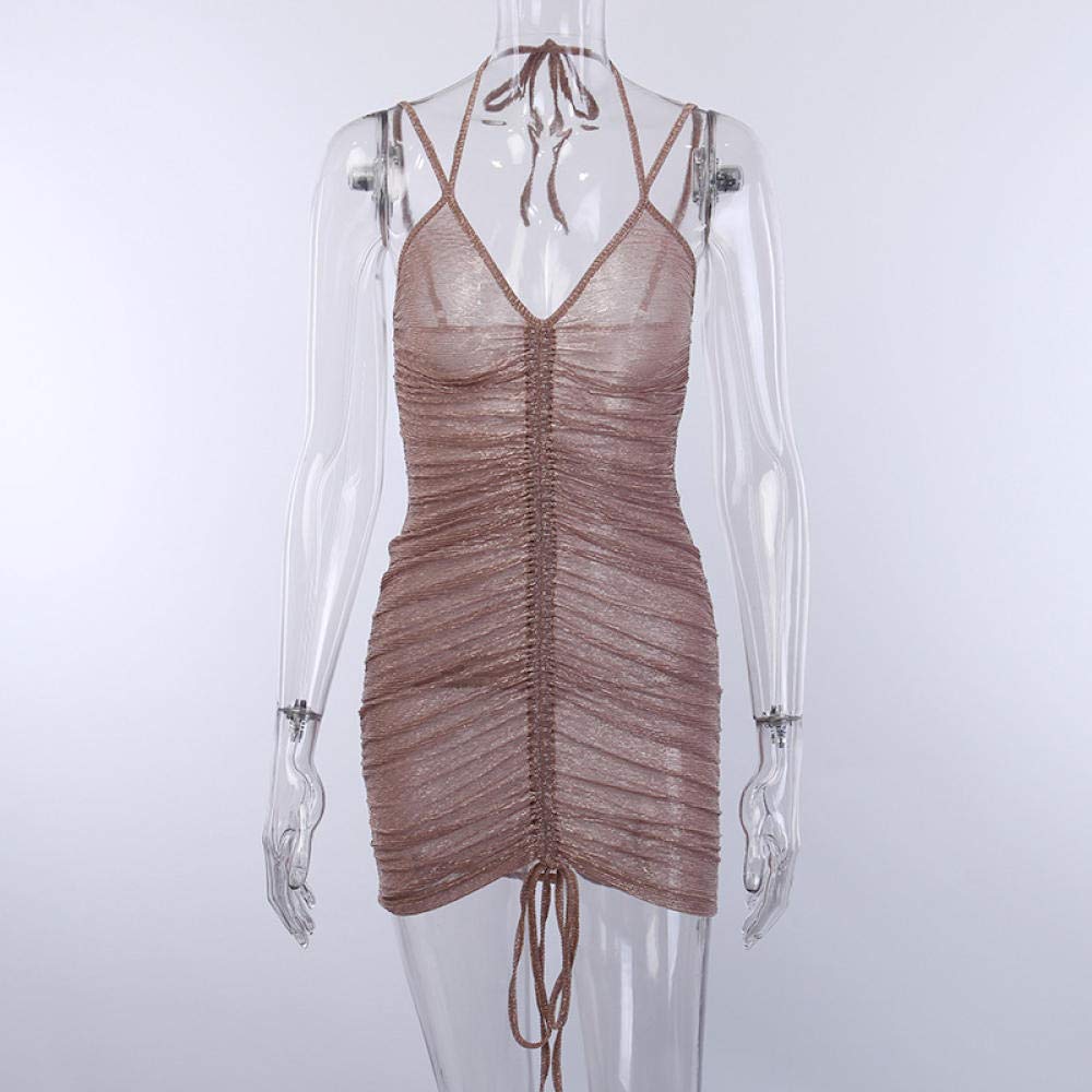 Sportswear-MZ P clip silver mesh gauze drawstring strap dress female temperament hanging neck sexy perspective chest chest hip skirt