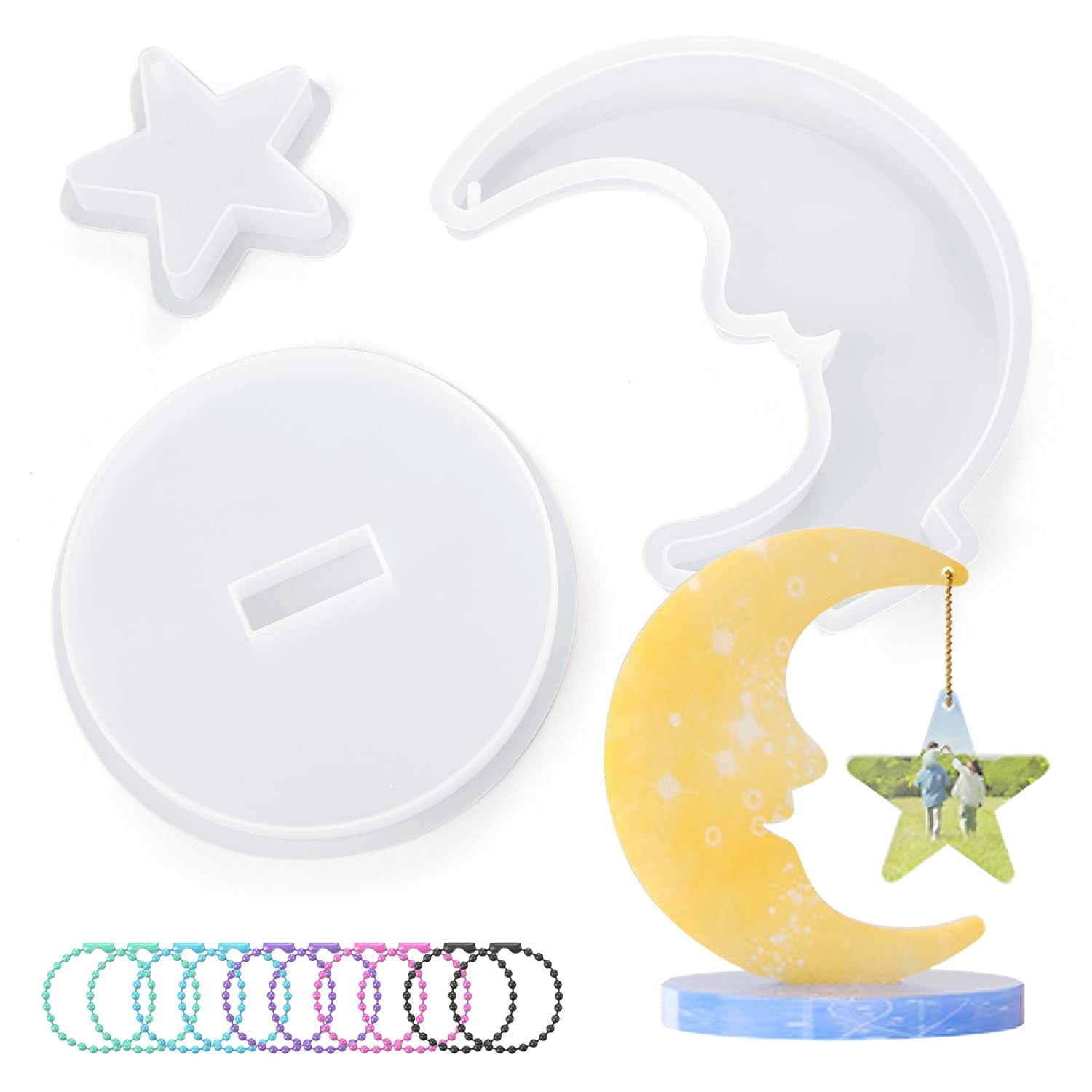 Waitamo 3Pcs Epoxidharz Formen, Mond Fotorahmen Epoxidharz Formen mit 10 Ketten für Tischdekoration Fotoaufbewahrung Blumenkonservierung DIY Bastelgeschenk (Moon)
