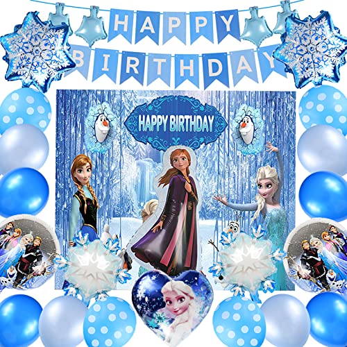 Forhome Décoration Anniversaire Frozen 26pcs, Ballon Anniversaire Princesse, Toile de Fond La Reine des Neiges, Photographie Fond Enfants Frozen, Décoration de fête Anniversaire, pour Fille, 1.5 x 1m