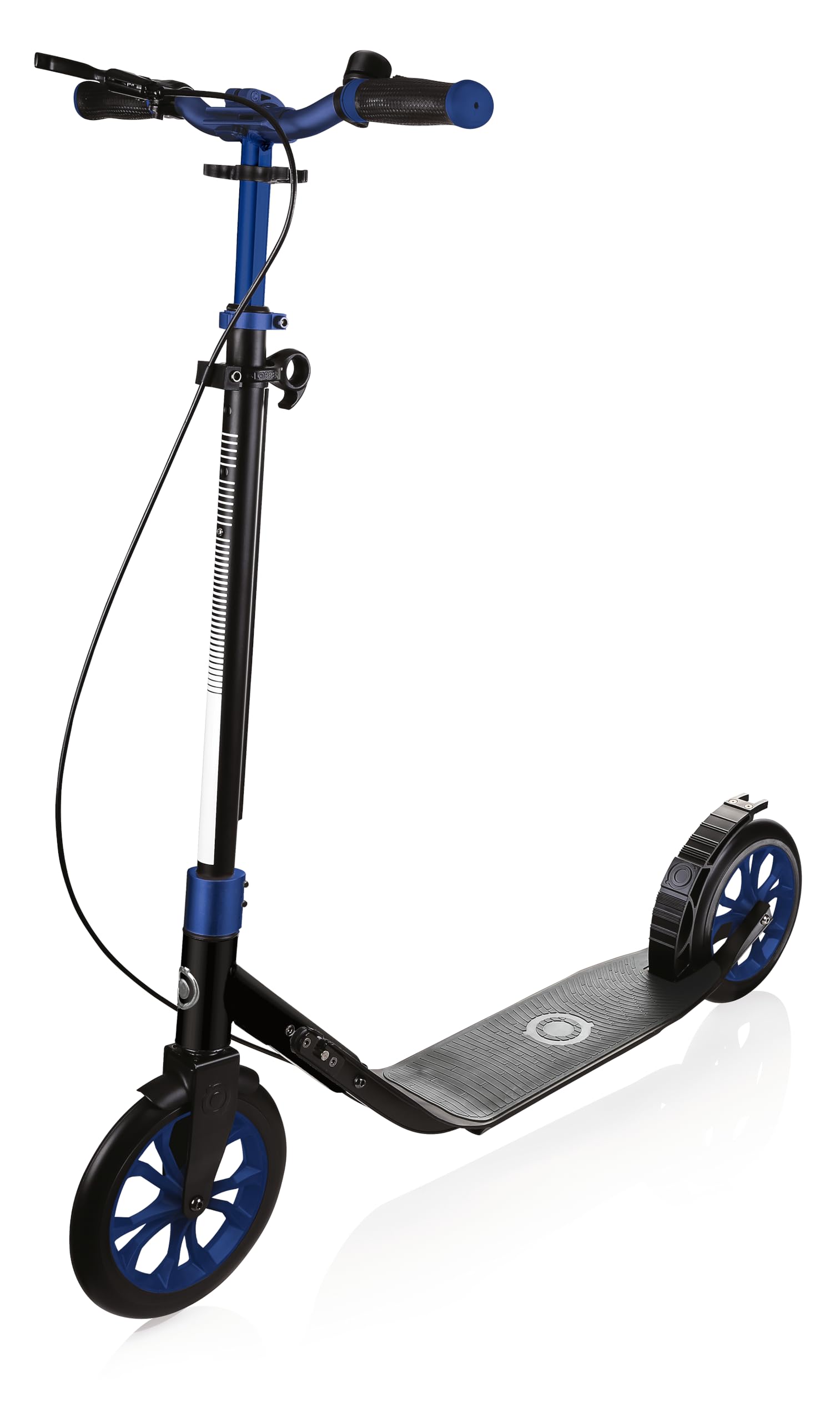 A man riding the Globber One NL 230 Ultimate Scooter on a city sidewalk