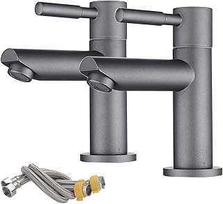 Maynosi Bathroom Basin Pillar Taps, Pair Basin Sink Mixer Taps, 1/4 Turn Washroom Pair Faucets, Twin Lever Modern Taps Pairs, Include Flexible Hoses, Brass, Grey