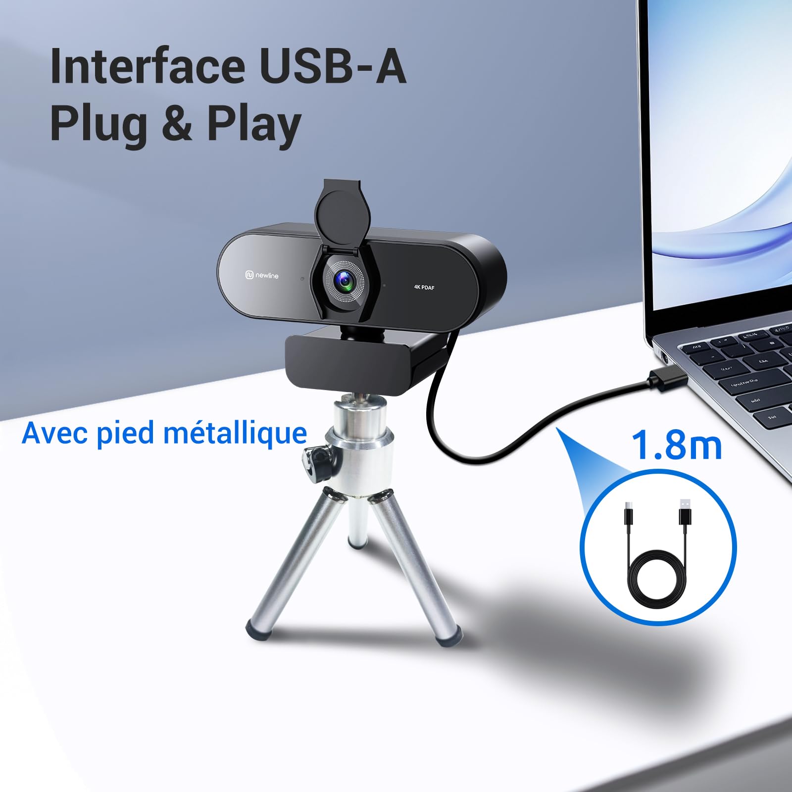 4K Webcam PC avec Micro & Trépied Métallique, Full HD 1080p@60FPS, PDAF Autofocus, Son Stéréo Clair, Correction de la Lumière, USB Camera PC Gamer Vidéoconférence Streaming