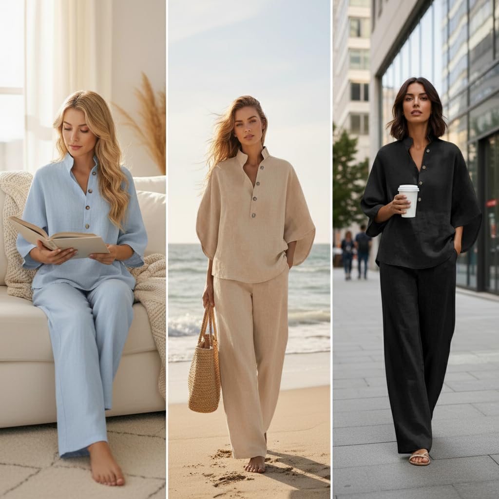 Générique Tenue d'Été Femme en Lin, Haut à Col V Manches Longues/Courtes, Pantalon Taille Élastique Couleur Unie, Ensemble Léger pour Plage, Jogging, Grandes Tailles