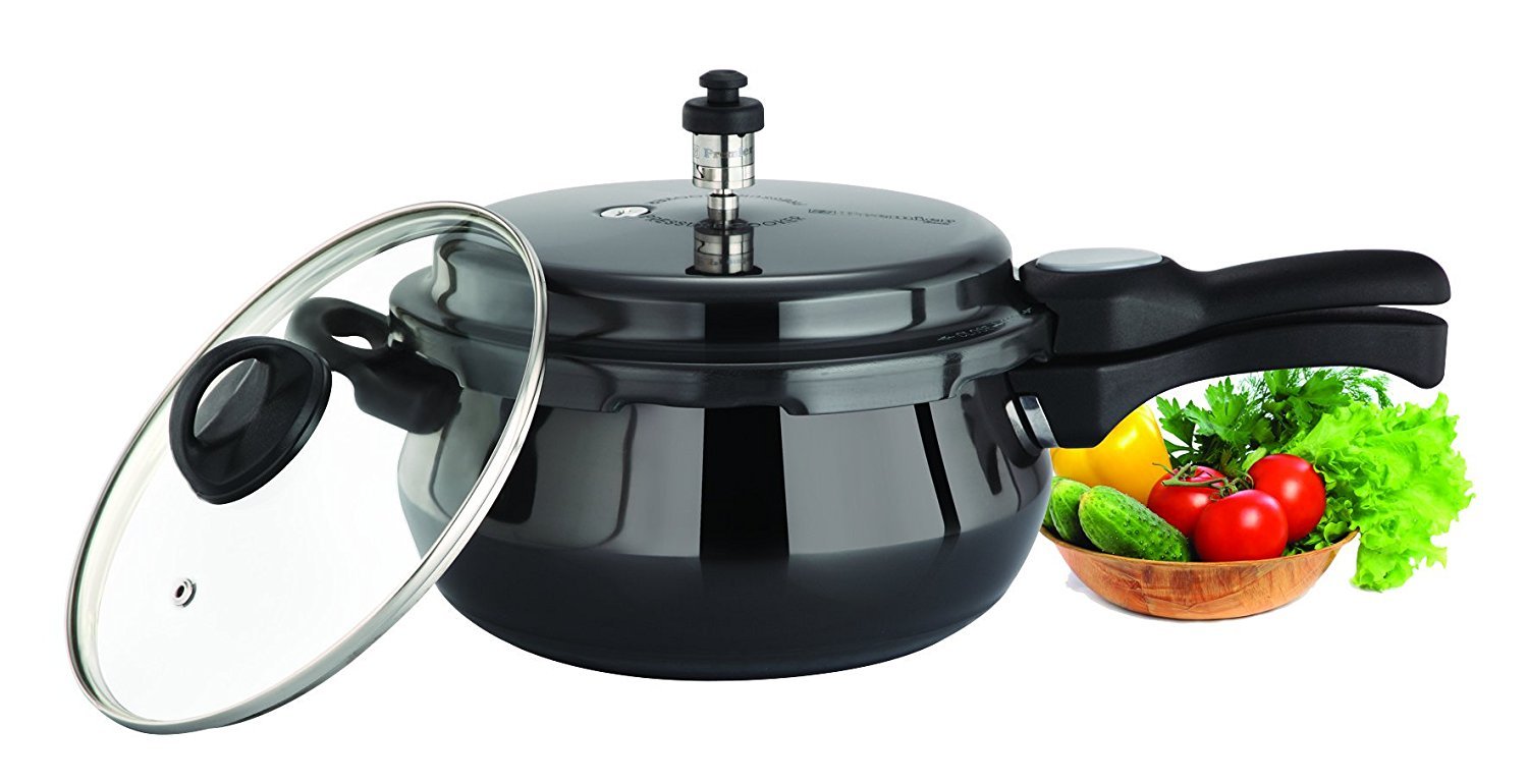 Premier Cucina Trendy Black Induction Bottom Handi Pressure Cooker With Glass Lid - 5.5 Ltr