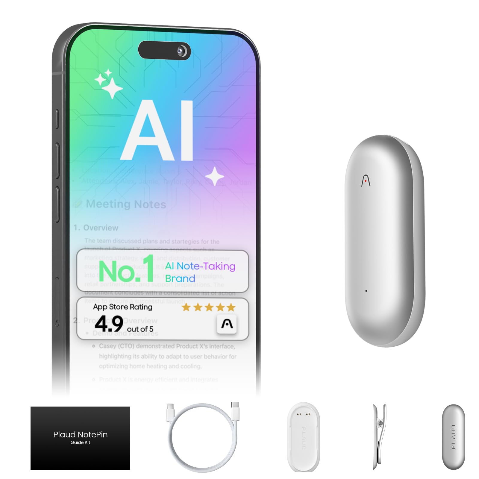 Plaud NotePin Voice Recorder, AI Voice Recorder, App Control, AI Notetaker, AI Transcribe & Summarize, Support 112 Languages, 64GB Memory, Audio Recorder for Lectures, Meetings, Lunar Silver