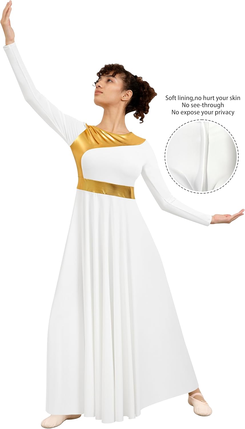 Women Praise Dance Dress Liturgical Metallic Worship Dress Long Sleeve Fit Full Length Dancewear - Image 2