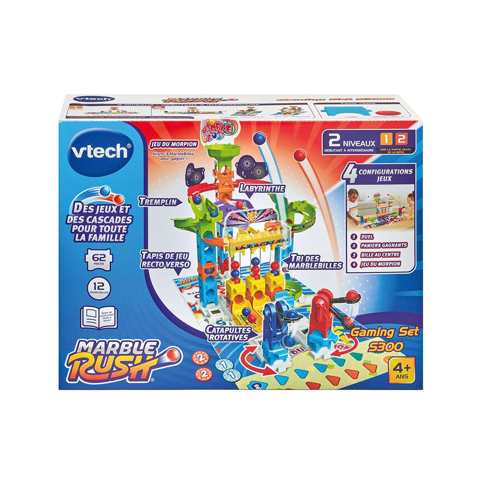 VTech - Marble Rush, Circuit à Billes Gaming Set S300, Jeu de Construction, 62 Pièces, 12 Billes, 1 Tapis de Jeu Recto Verso et 6 Jetons, Cadeau Enfant Dès 4 Ans - Contenu en Français