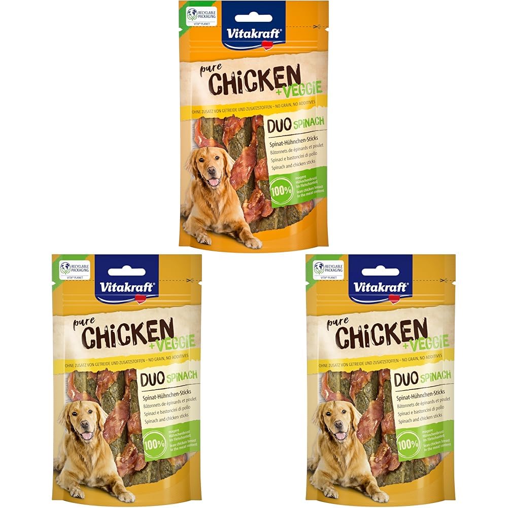 Vitakraft Chicken Veggie, Spinatstick mit Hühnchen, Hunde Trainingsleckerli, zum Belohnen (1x 80g) (Packung mit 3)