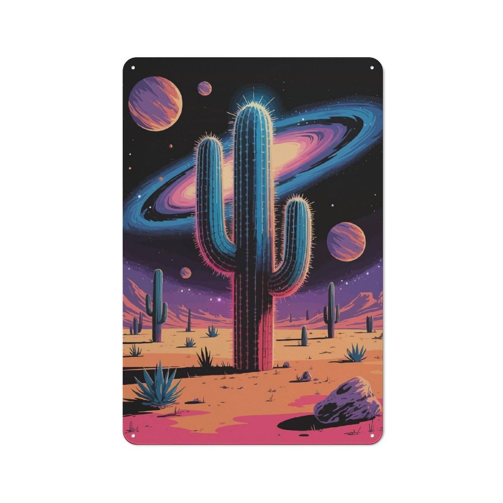 Junmoney Cactus Desert Galaxy Digital Art 30X20cm Industrial-Style Tin Sign With For Hallway Wall, A Metal Wall Feature For A Newly Arranged Hallway