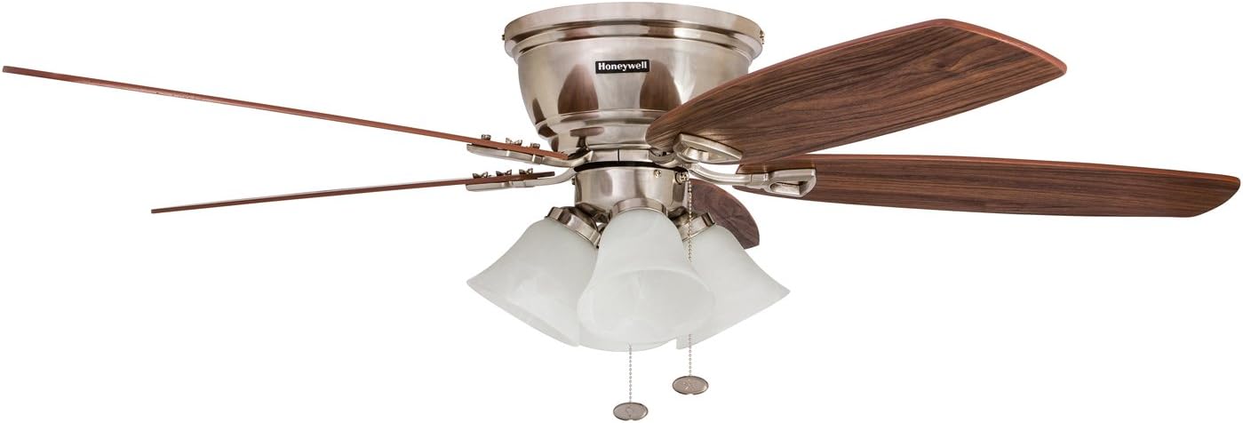 Brushed Nickel 52-Inch Flush Mount Ceiling Fan with Wood Blades
