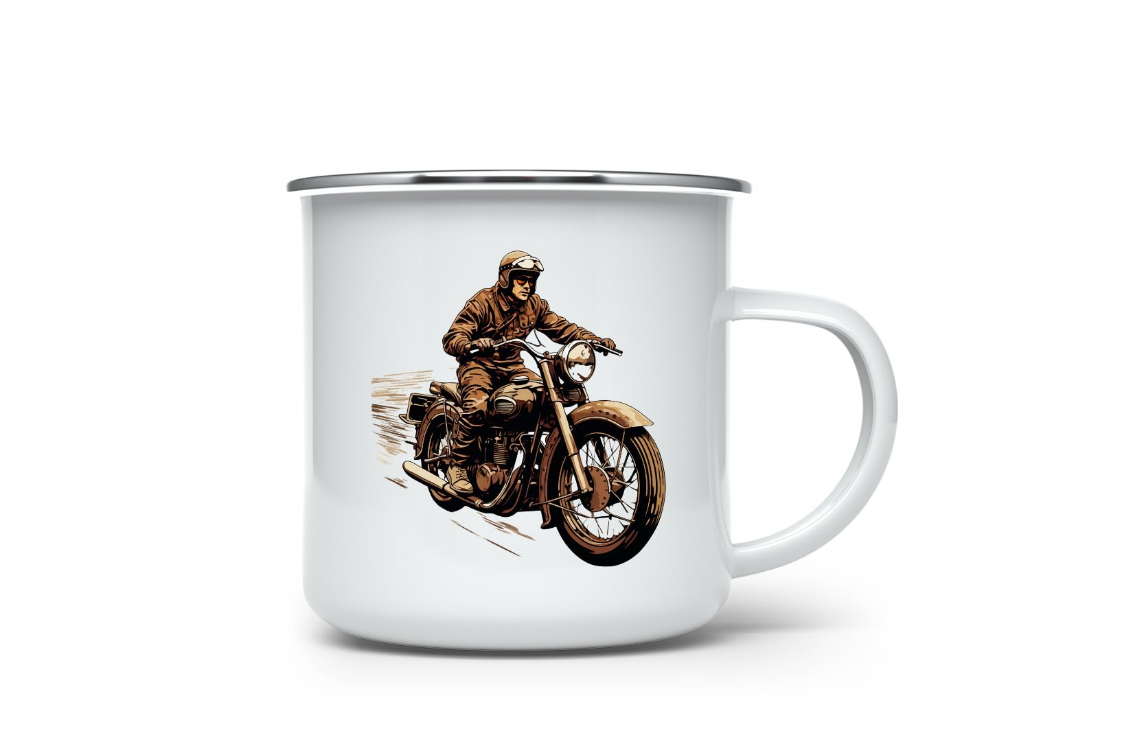 MAXIKIWI - Durable Enamel Coffee or Tea Camping Mug for Indoor Outdoor Use - Man Riding Motorbike Clipar - 350ml
