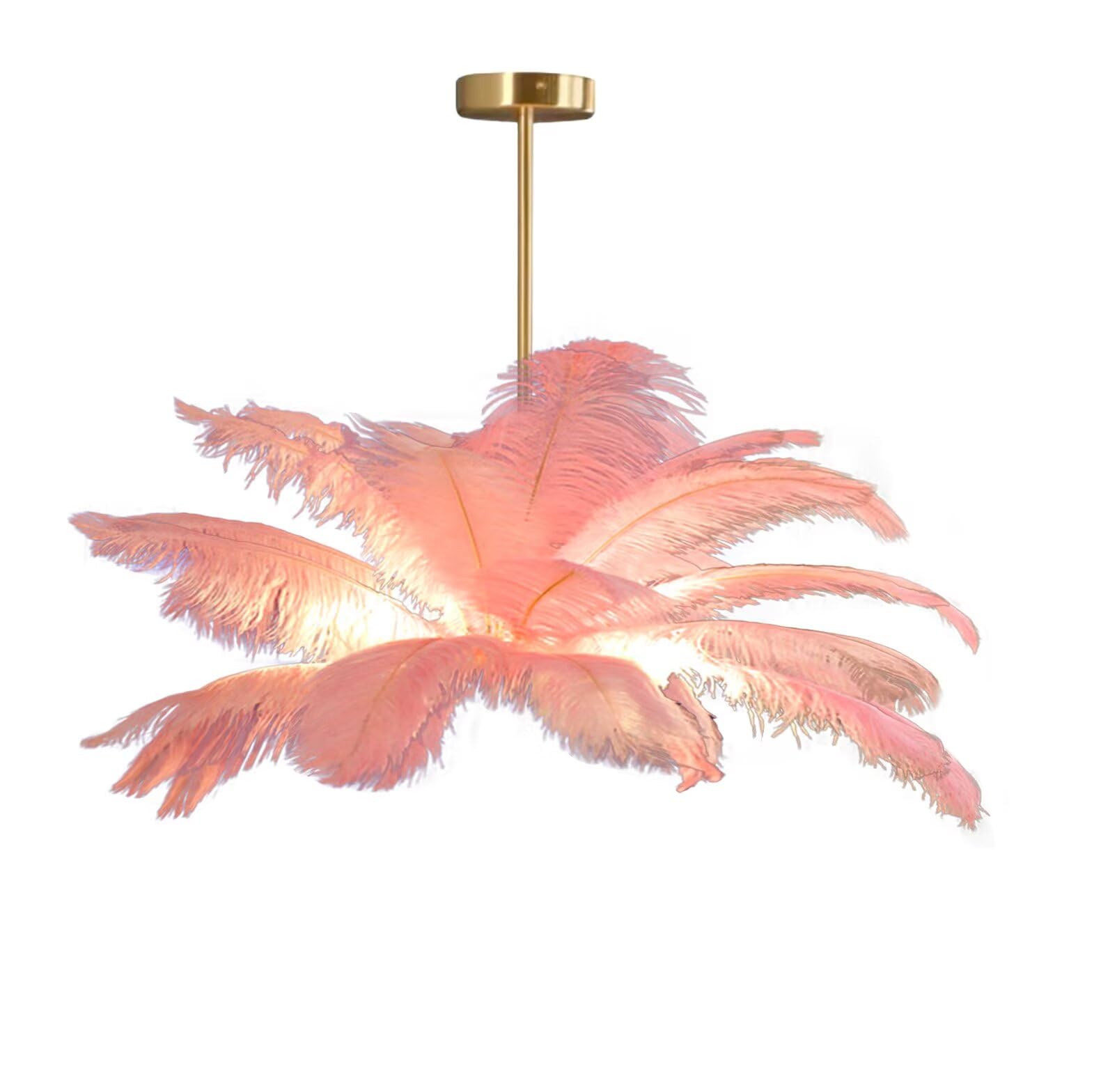 GUANSHAN Creative Flesh Pink Ostrich Feather Ceiling Lamp, Romantic and Aesthetic Feather Chandelier Pendant Lamp with Golden Base for Bedroom, Living Room, Corridor