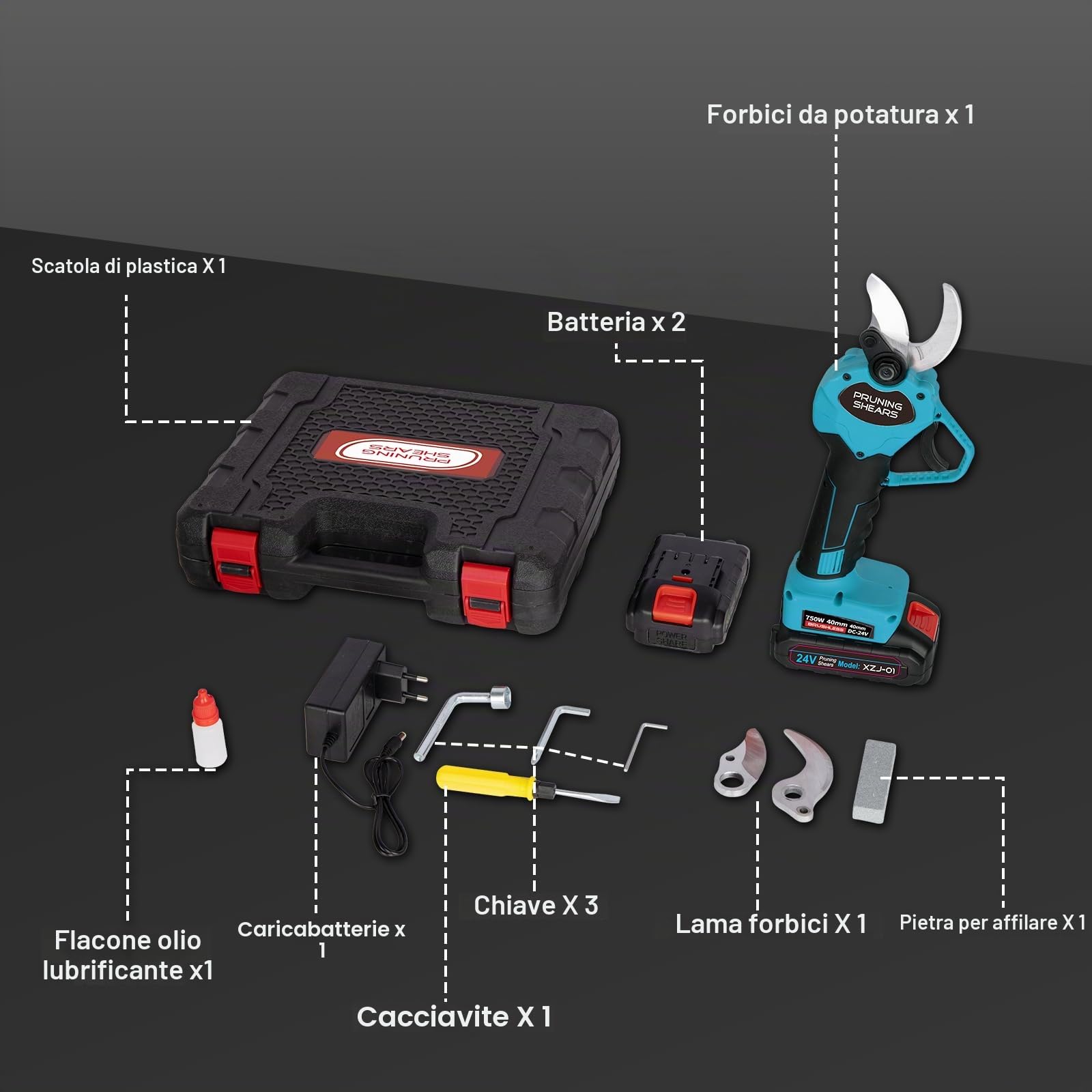Forbici Potatura a Batteria 40 mm, Cesoia Elettrica con 2 Batterie 3.0Ah | Motore potente, Doppia apertura regolabile ideale per frutteto, giardino e fattoria, autonomia prolungata