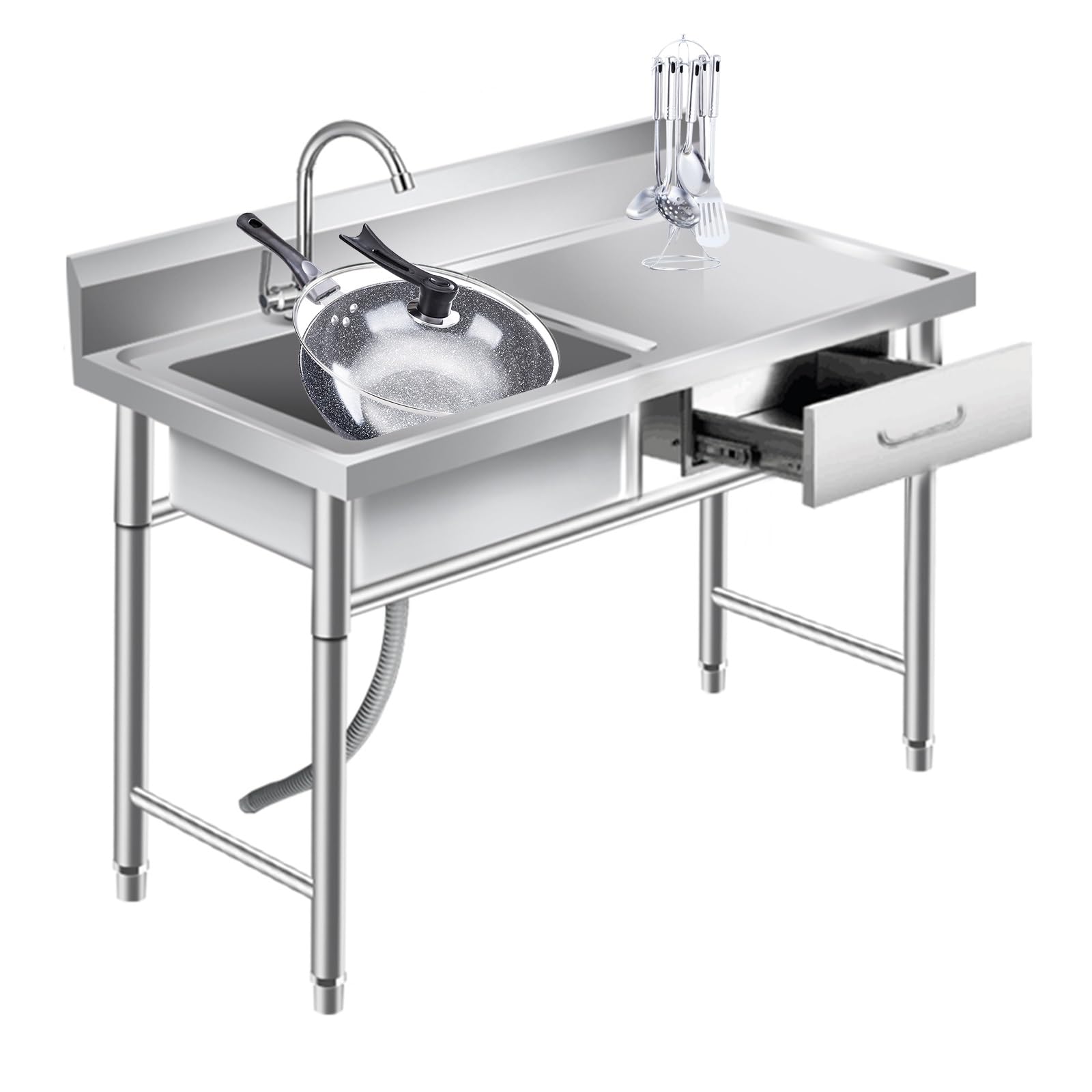 Lavello da Esterno con cassetto, Lavello Commerciale con Rubinetto, Lavello da Cucina in Acciaio Inossidabile, Lavello da Cucina Industriale per Ristorazione, per Interni Esterni,