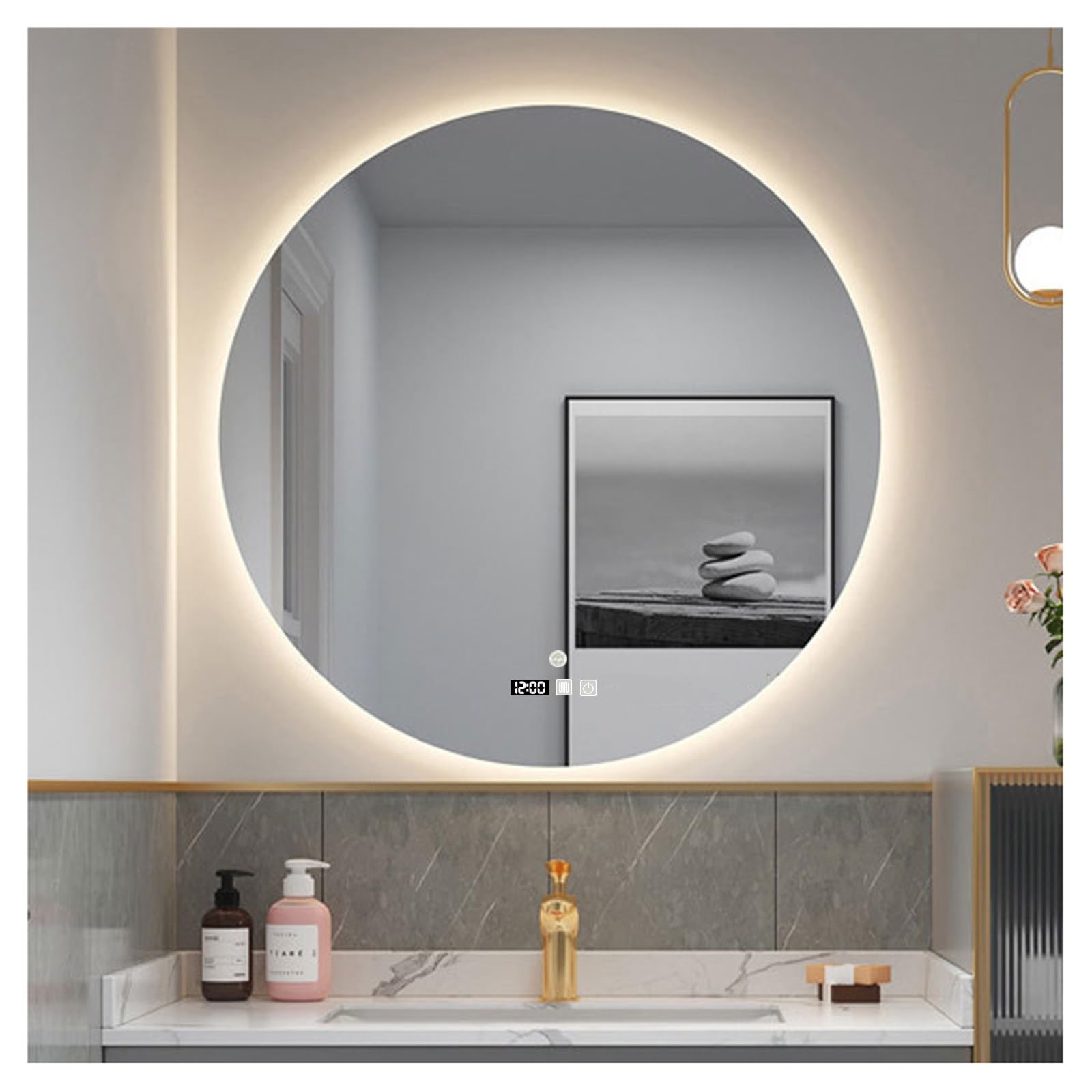 FGXHHS Round Led,Round Mirror with LED Lights，Bathroom Lights,Demister pad，Waterproof ILLUMINATED Mirror(B,H70*W70cm/H27.6*W27.6IN)