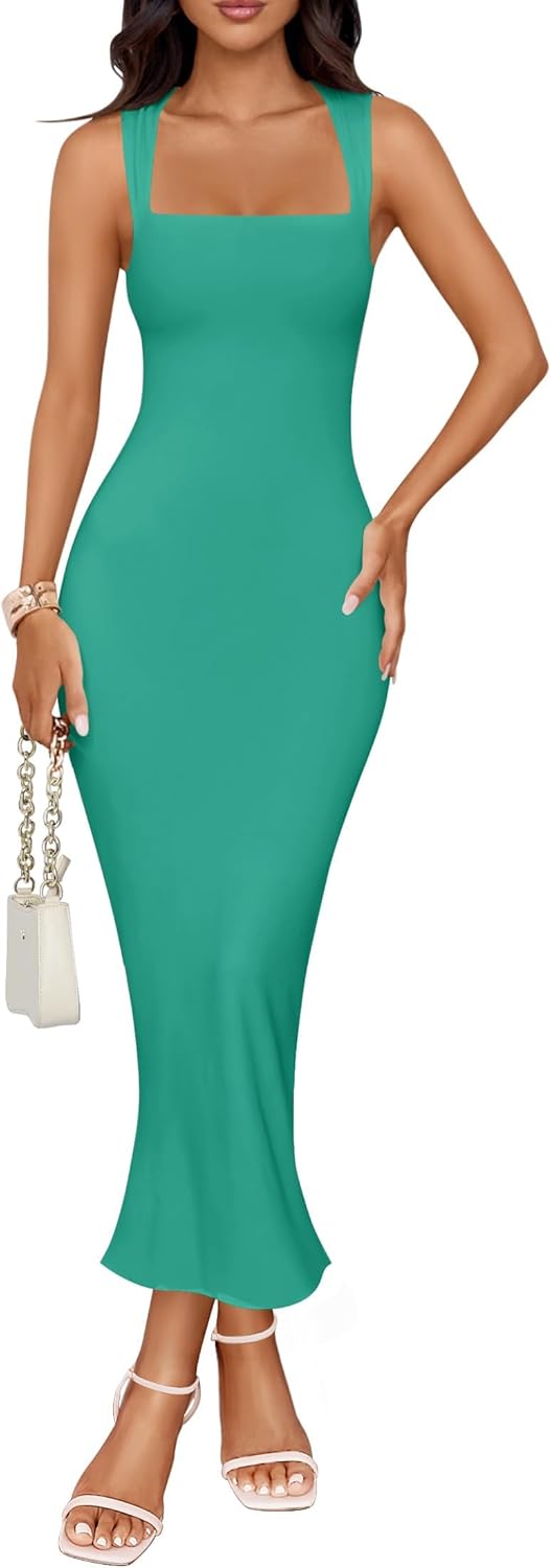 ZESICA Women's Summer Bodycon Midi Dress Sleeveless Square Neck Slim Fit Back Slit Long Cocktail Party Dresses