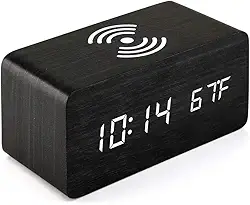 OCT17 Despertador com base de carregamento sem fio Qi compatível com iPhone Samsung Wood LED relógio digital função de controle de som, data de hora, exibição de temperatura para quarto, escritório,