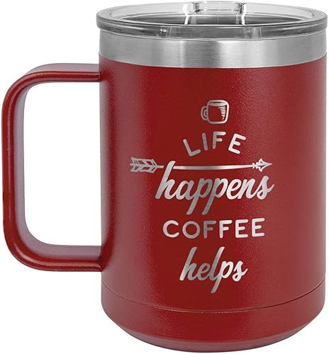 ONLYGIFTS.COM - Taza de café con tapa deslizante (13.0 fl oz), diseño con texto en inglés "Life Happens", Granate