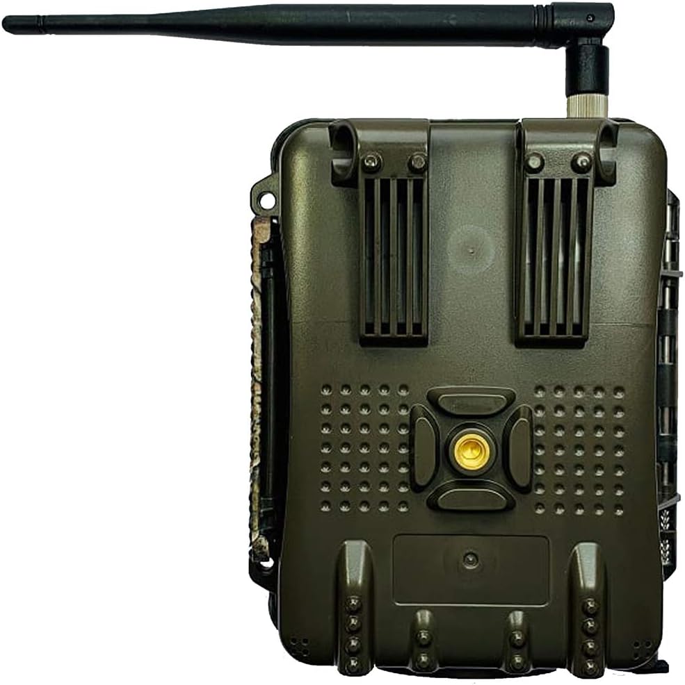 Back view of the SPROMISE S328 trail camera with an antenna, showing the mounting strap slots.