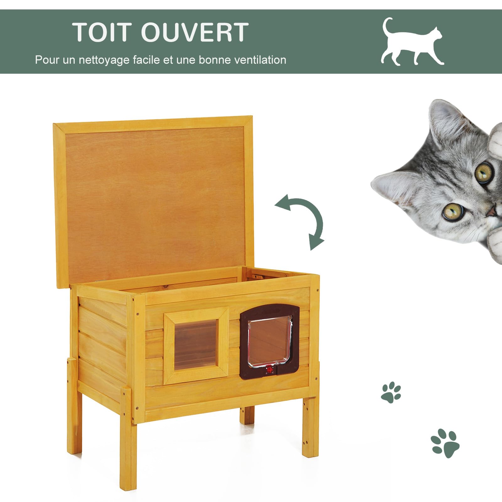 PawHut Maison pour Chat en Bois Toit Résistant à l'eau avec Porte Jaune